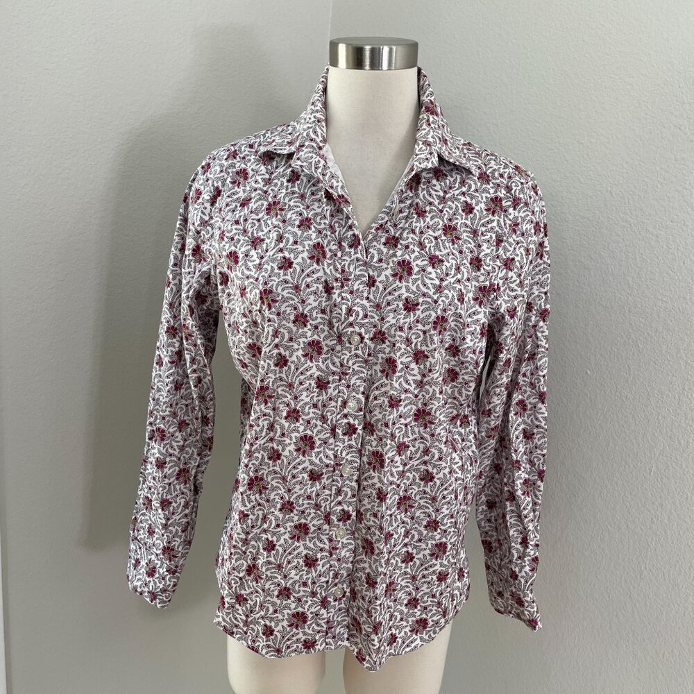 Lands End Womens 12P No Iron Pinpoint Oxford‎ Floral Long Sleeve Shirt Blouse